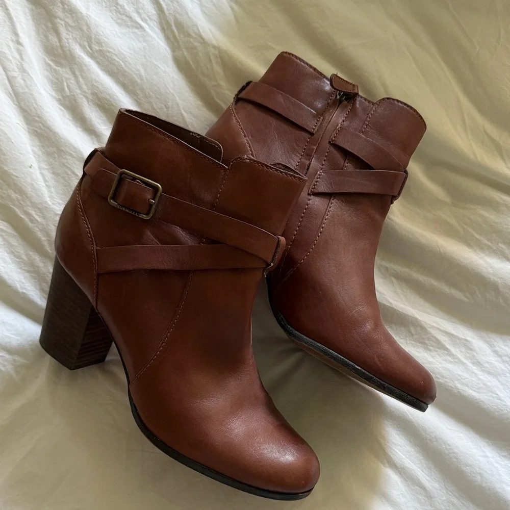 Cole Haan Chestnut Brown Leather Ankle Booties with Buckle Strap - Picture 1 of 4